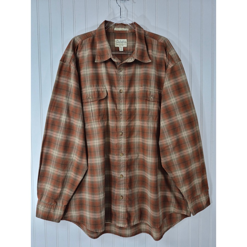 Cabelas Soft Canvas Plaid Button Down Shirt 2XL Tall Rust 
Brown Elbow Patches